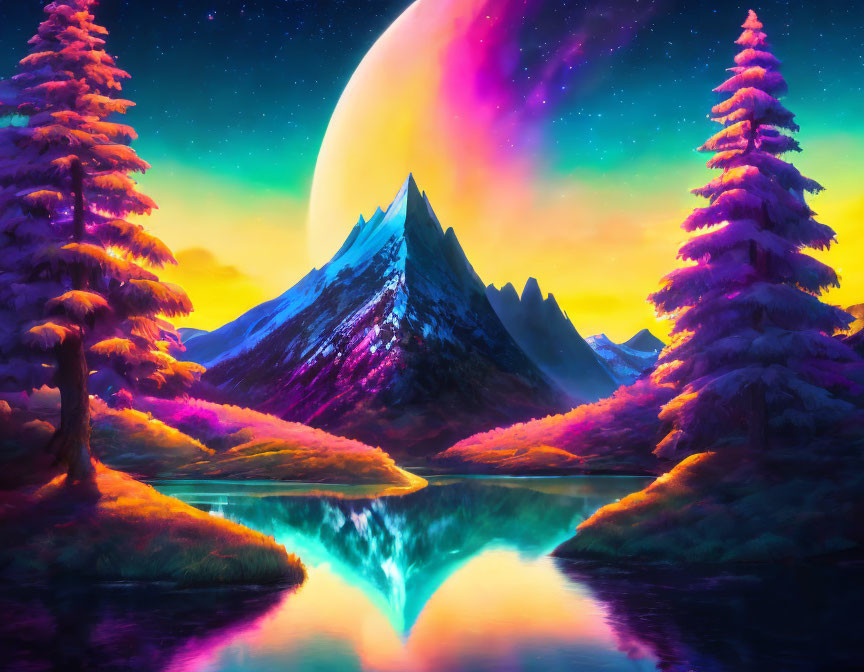 Surreal digital artwork: reflective waters, neon skies, moon, pine trees