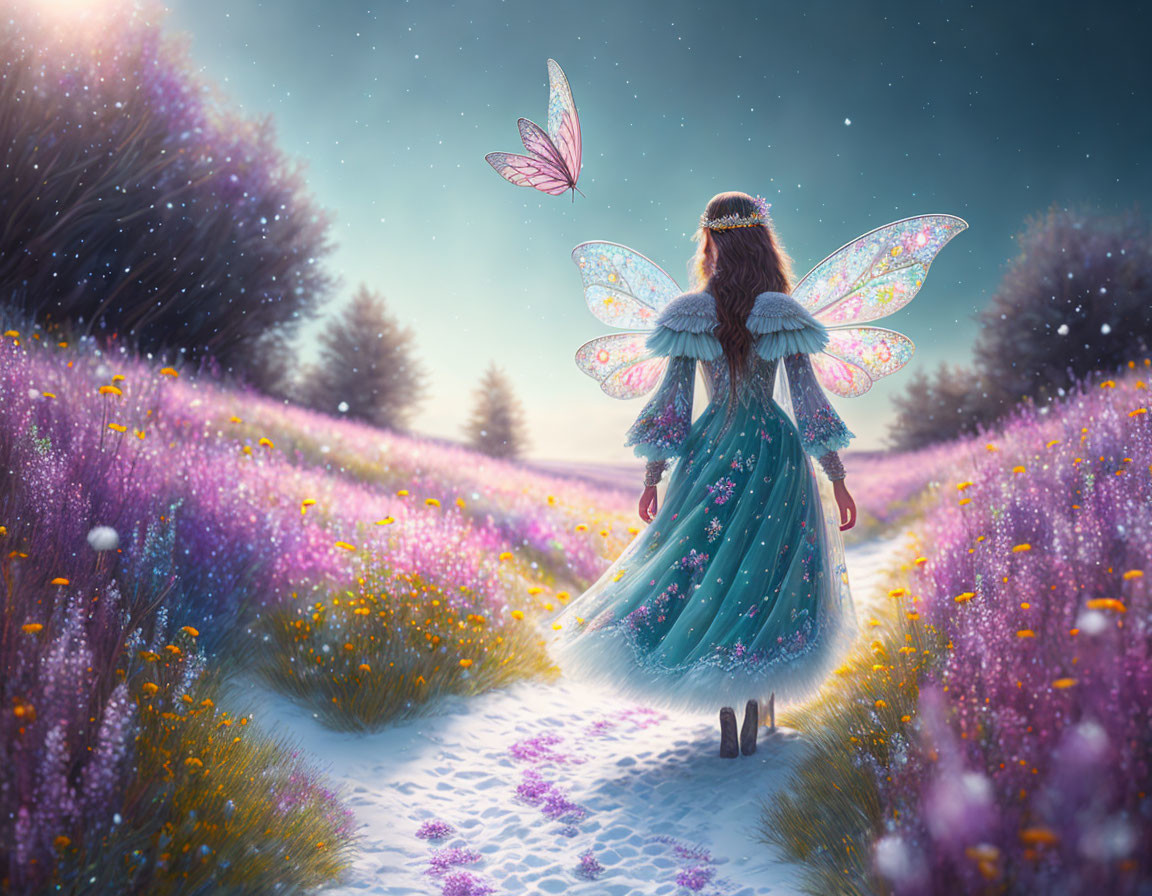 Translucent winged fairy in magical meadow with butterfly under starlit sky