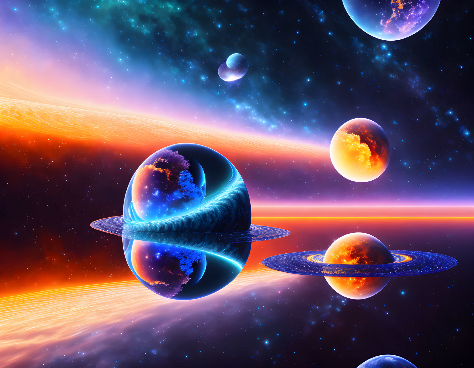 Colorful digital art space scene with planets, rings, and starry background