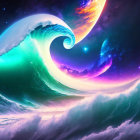 Colorful digital artwork: Cosmic wave, galaxy swirls, starlit sky, warm planet