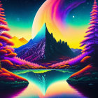 Surreal digital artwork: reflective waters, neon skies, moon, pine trees