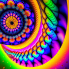 Colorful fractal image with circular kaleidoscopic centerpiece and swirling shapes