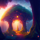 Enchanting forest with glowing trees and vibrant auroras