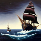 Majestic sailing ships with dark sails on turbulent sea waves