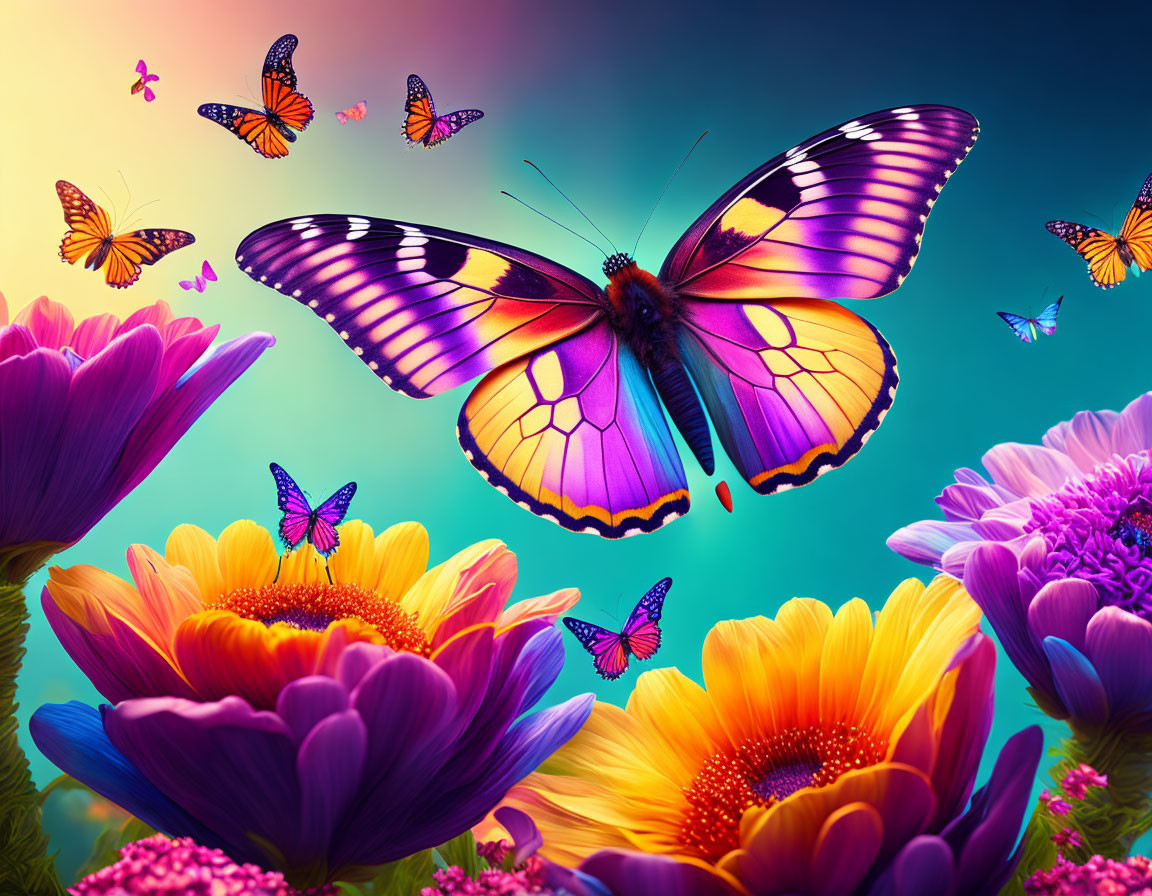 Colorful Butterfly and Flowers Digital Artwork Display