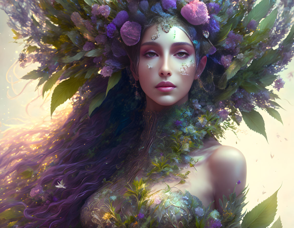 Fantastical portrait of a woman with purple hair and nature-inspired headdress