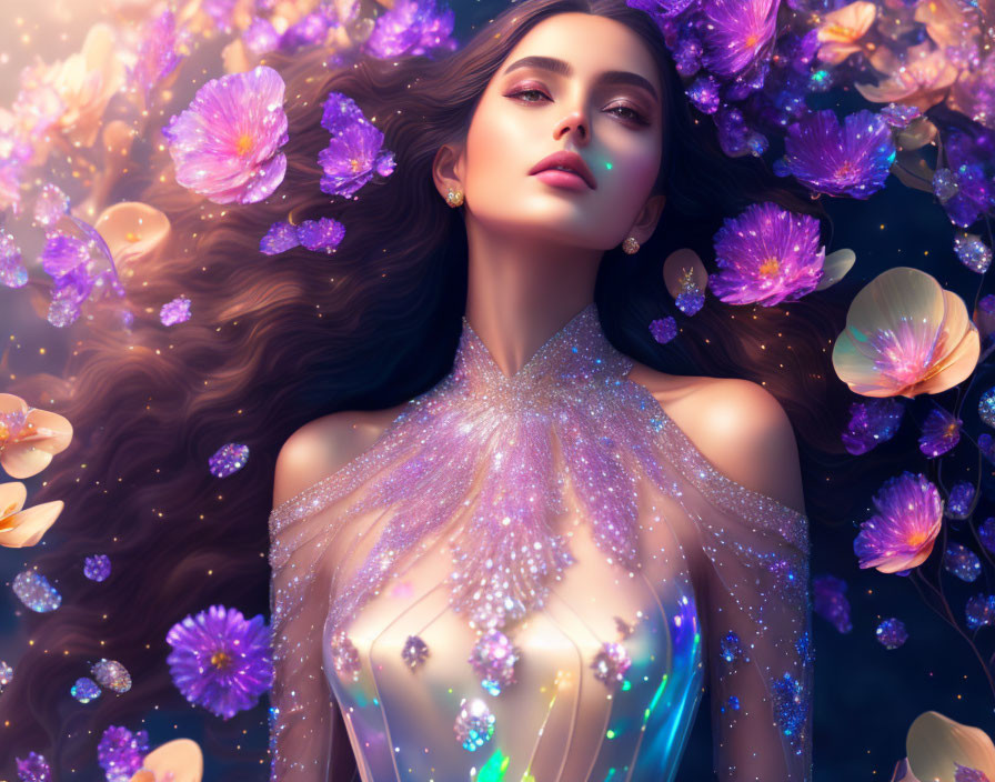 Digital art portrait of woman with dark hair and purple flowers, emitting ethereal fantasy vibe