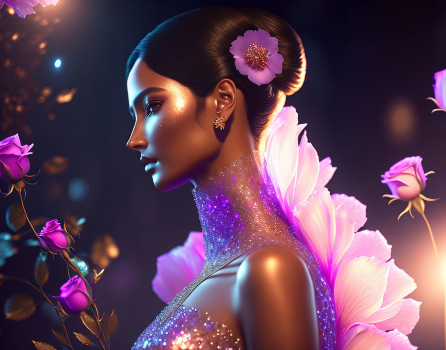 Digital artwork: Glowing woman with flower in hair, surrounded by illuminated roses