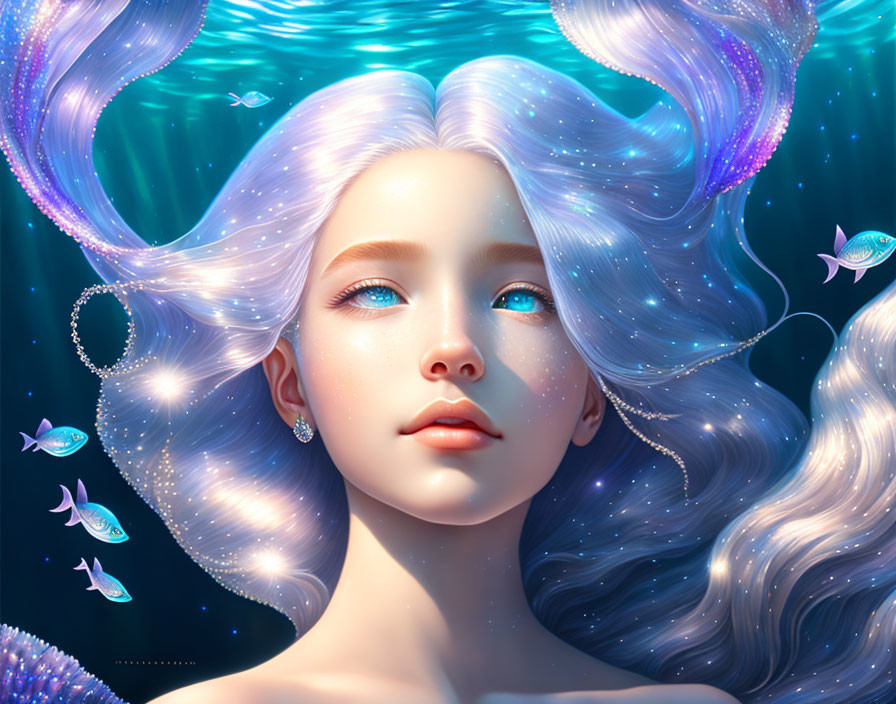 Digital illustration of girl with blue eyes and white hair underwater with glowing fish and bubbles, resembling a mer