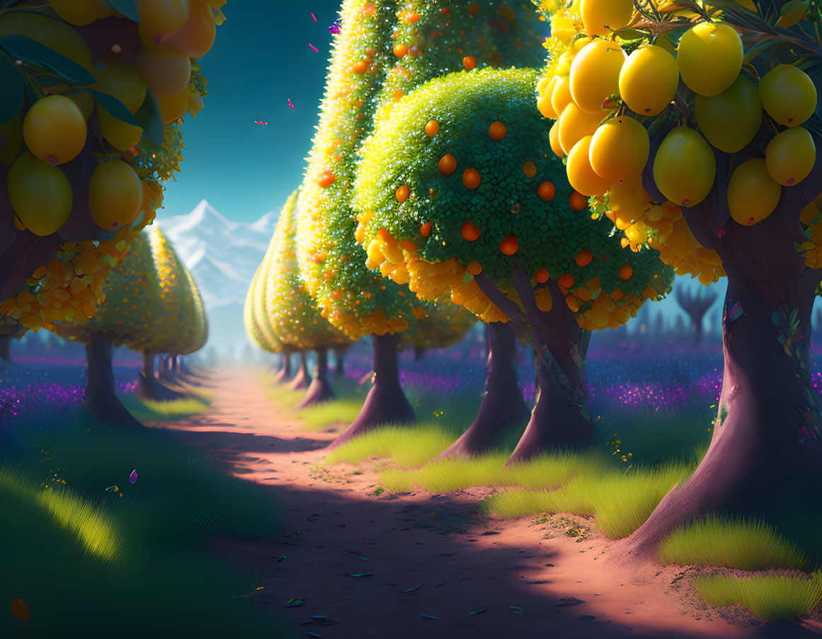 Scenic orchard path with fruit trees and mountains