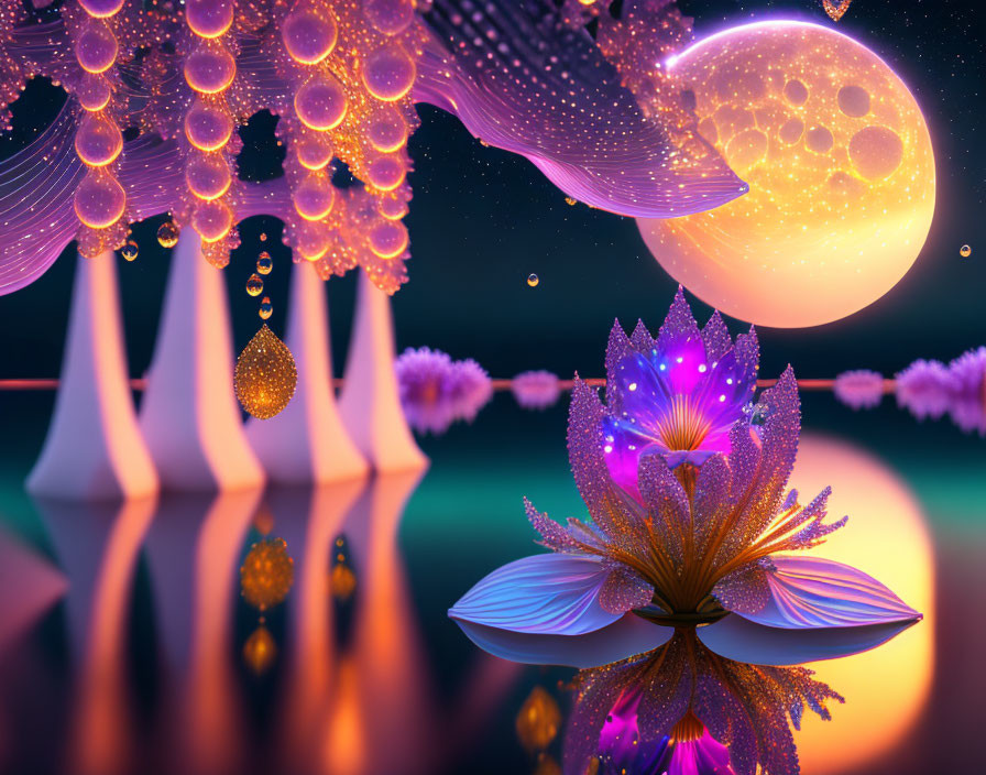 Digital art: Willow trees, golden droplets, radiant moon, glowing lotus on reflective surface