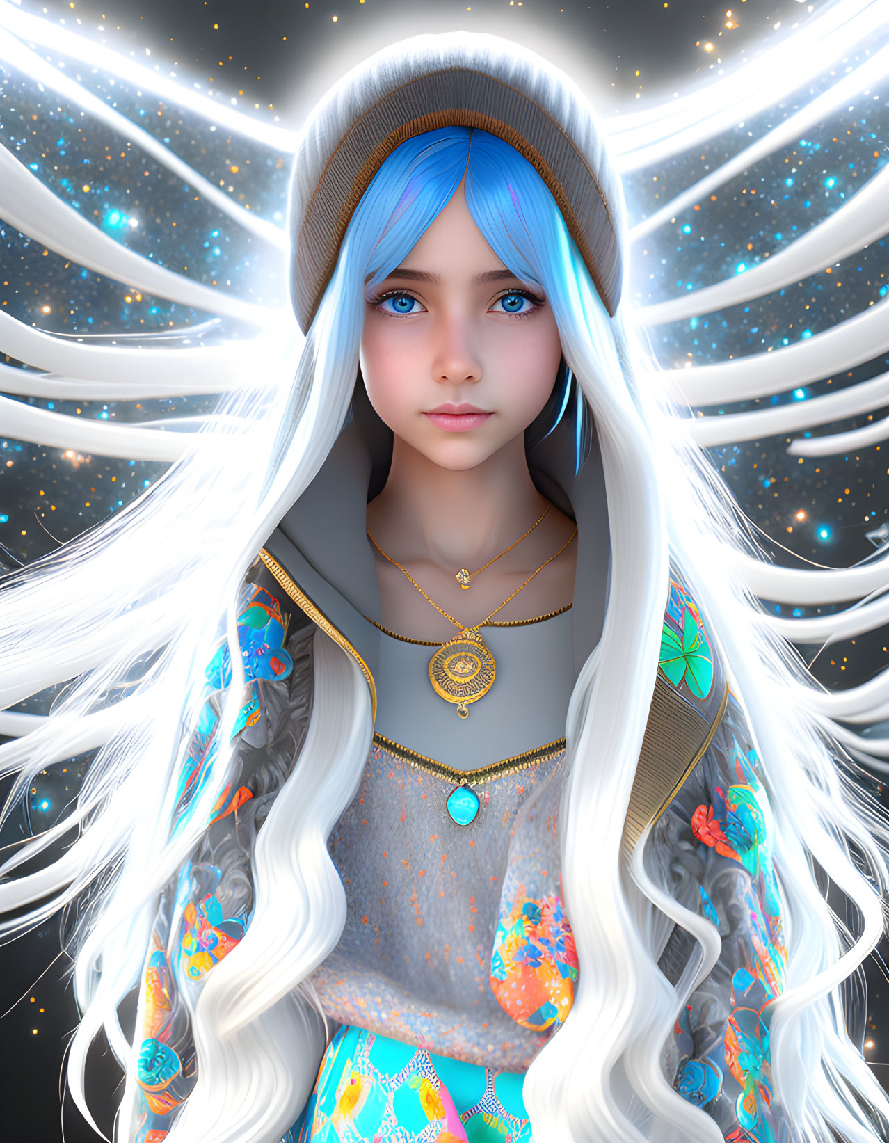 Young woman digital art: blue hair, intricate clothing, celestial backdrop