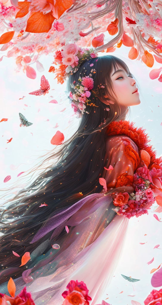 Illustration of woman with long hair in floral fantasy landscape