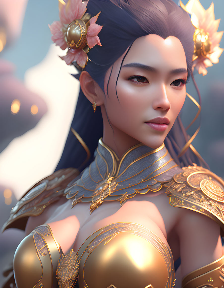 Digital artwork: Female warrior in golden armor with floral hair ornaments