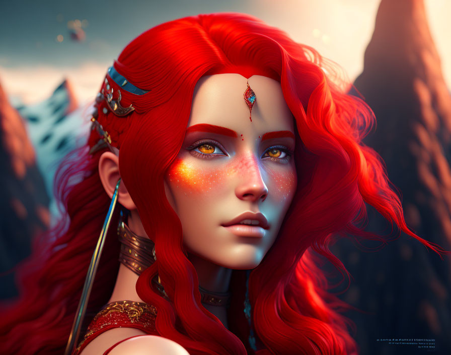 Vibrant 3D illustration of woman with red hair and golden headpiece against mountain backdrop