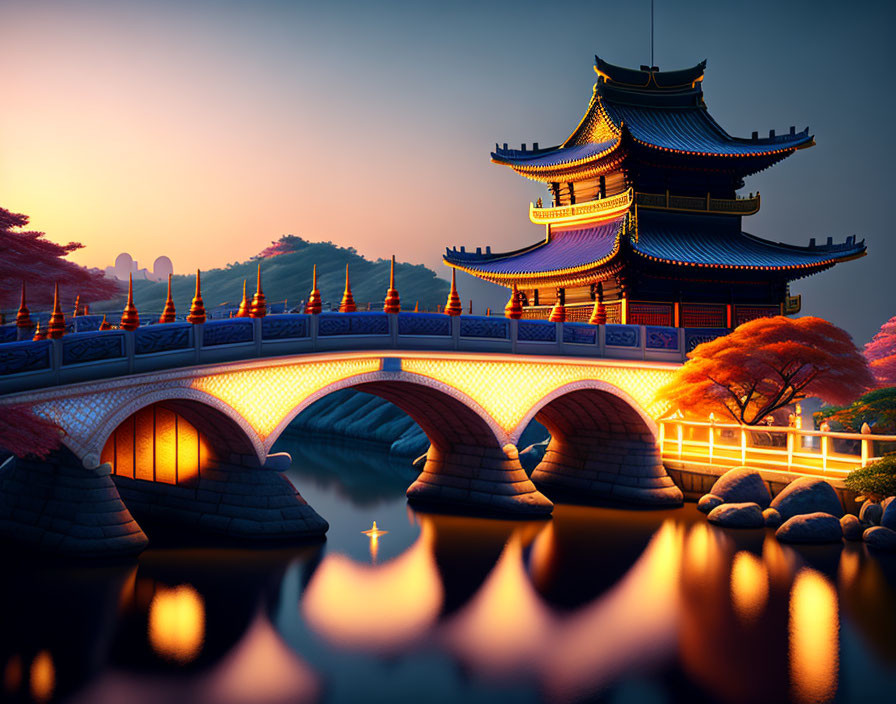 Traditional East Asian Pagoda by Curved Bridge at Dusk