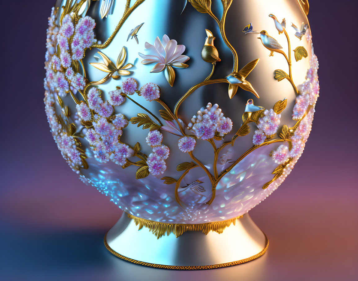 Ornate Vase with Gold Floral Patterns and Gemstones on Gradient Background