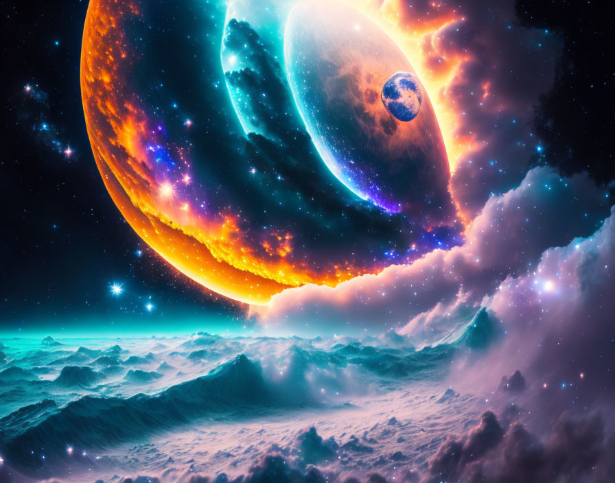 Colorful cosmic scene with celestial bodies and ocean waves under starry sky