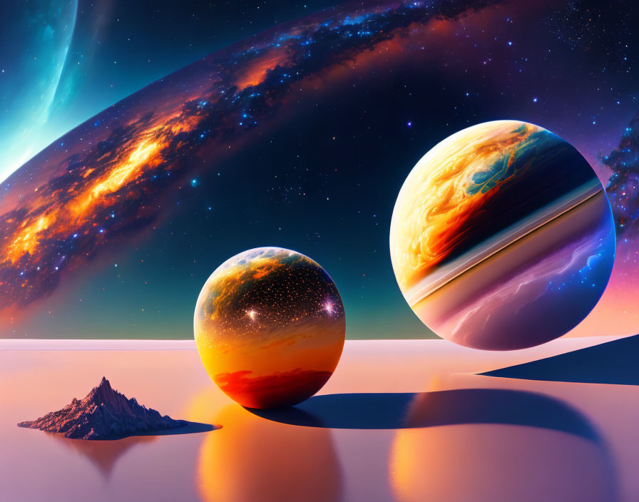 Surreal landscape with reflective surface and three planets of varying sizes in vibrant galaxy.