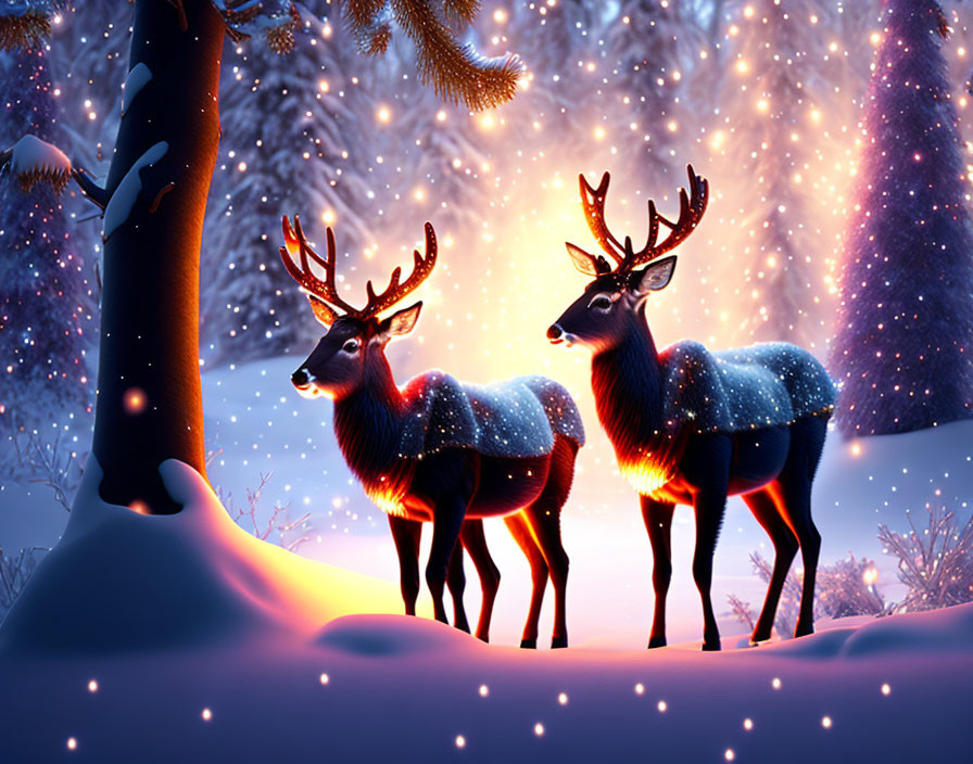 Glowing reindeer under starry winter sky in snowy landscape