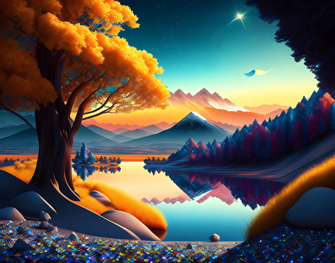 Colorful Trees, Reflective Lake, Mountains, Starry Sky: Serene Landscape Art