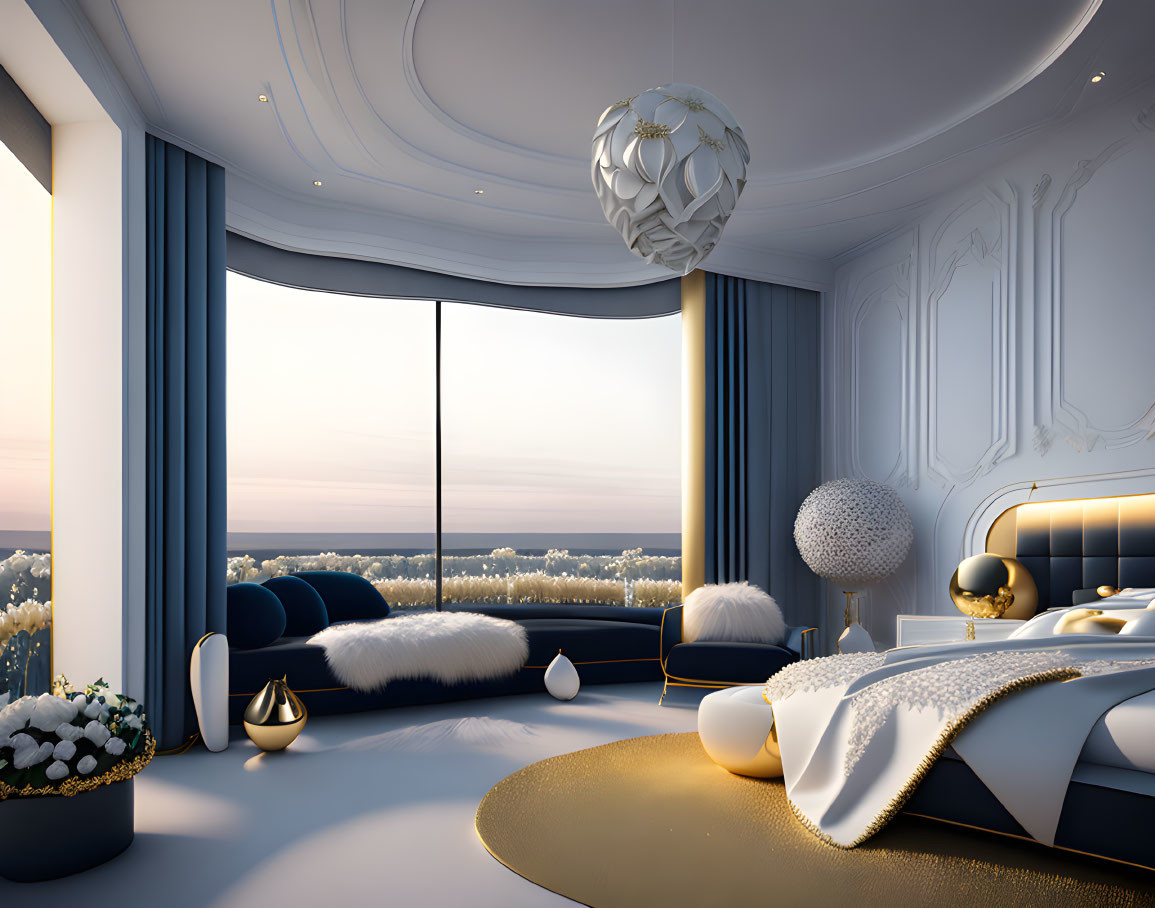 Spacious bedroom with modern decor and scenic view