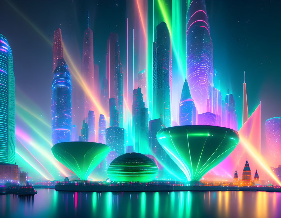 Futuristic night cityscape with vibrant neon lights