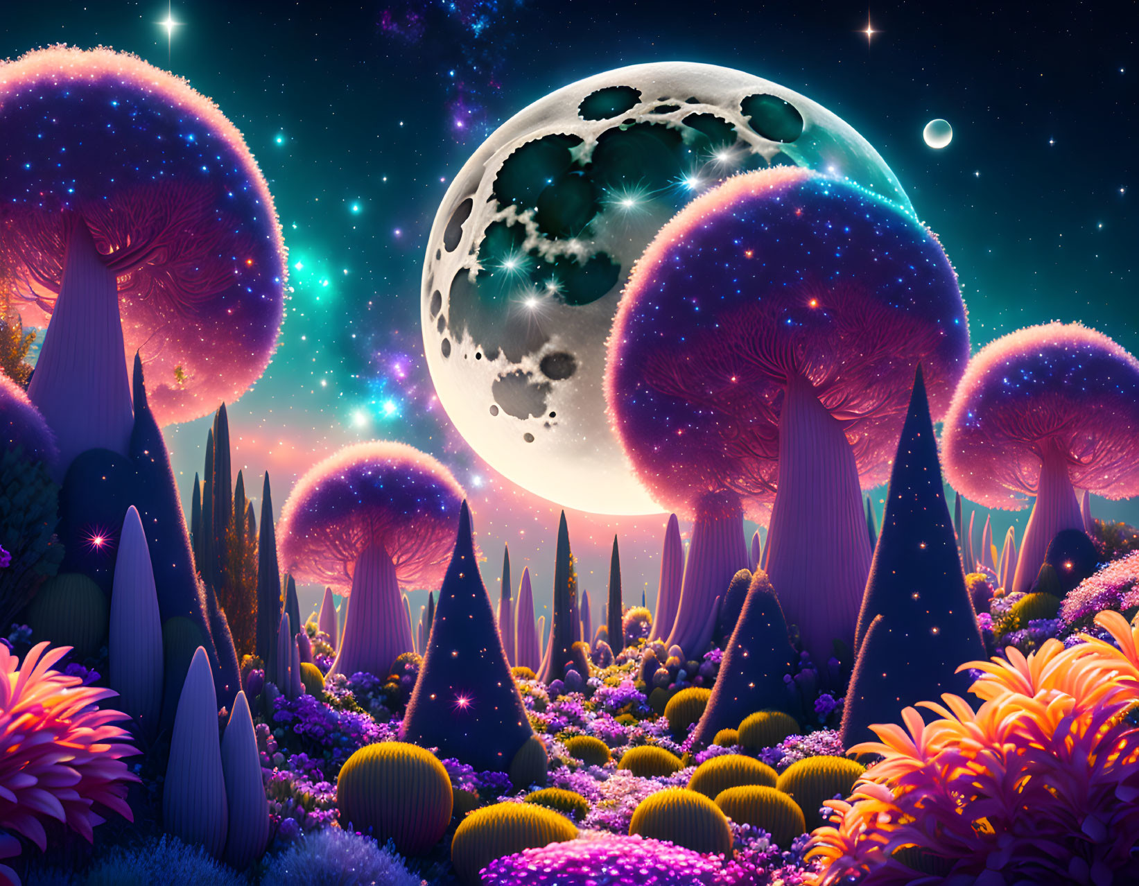 Fantasy night landscape with oversized mushrooms, plants, starry sky, and detailed moon