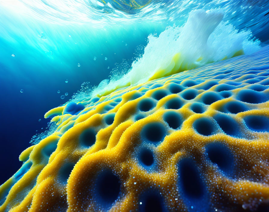 Vibrant yellow sponge in ocean with bubbles and wave