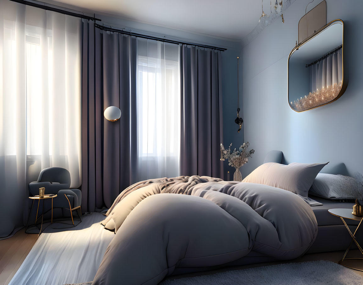Modern Bedroom with Plush Bed, Soft Lighting, Blue Curtains & Minimalist Decor