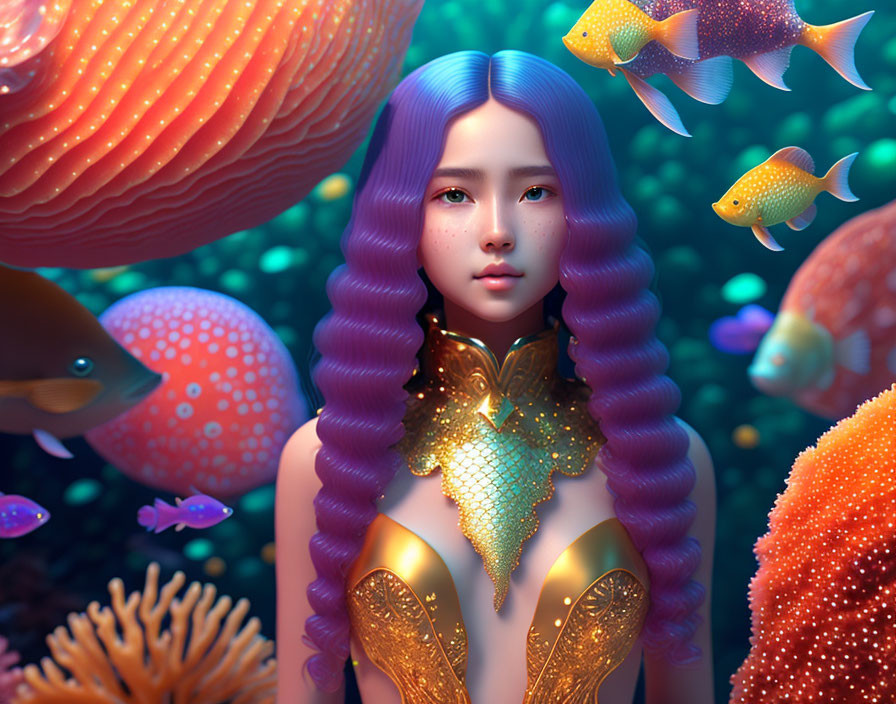 Digital Artwork: Woman with Purple Hair in Underwater Scene