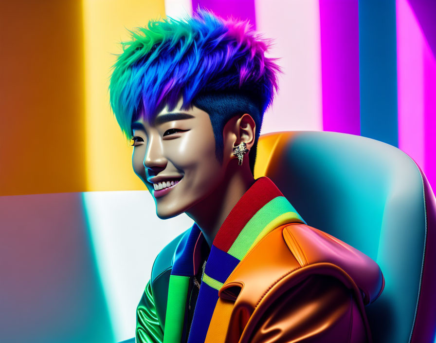 Colorful digital illustration: Smiling person with blue spiky hair in vibrant jacket