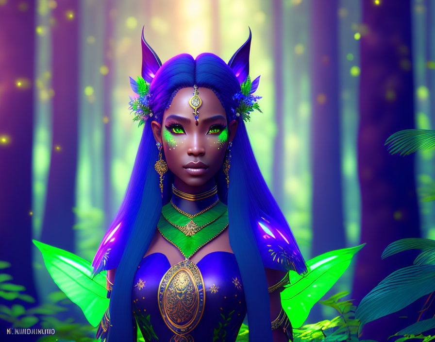 Mystical female character with blue skin and golden jewelry in enchanted forest