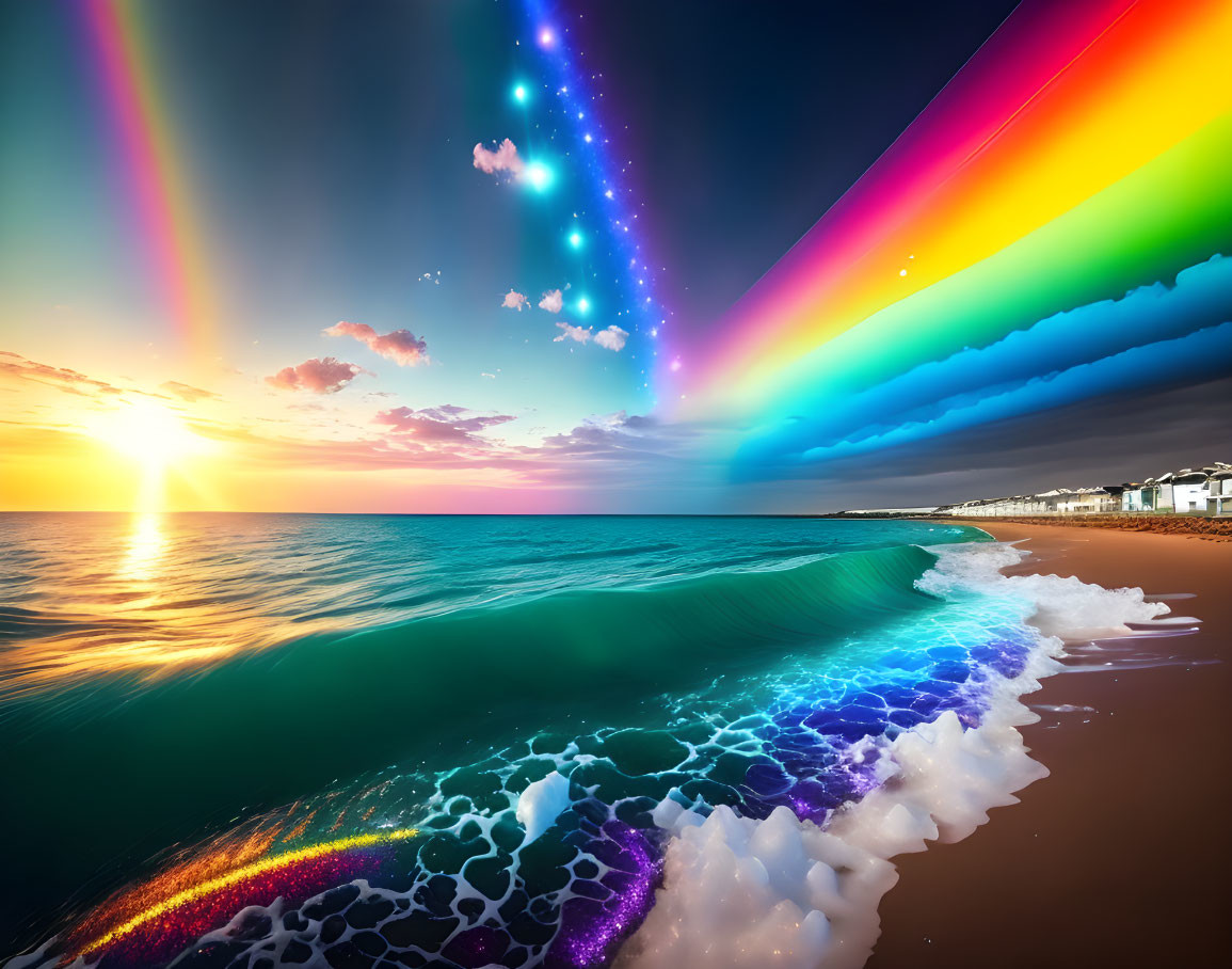 Colorful surreal beachscape with rainbow sky and vivid sunset