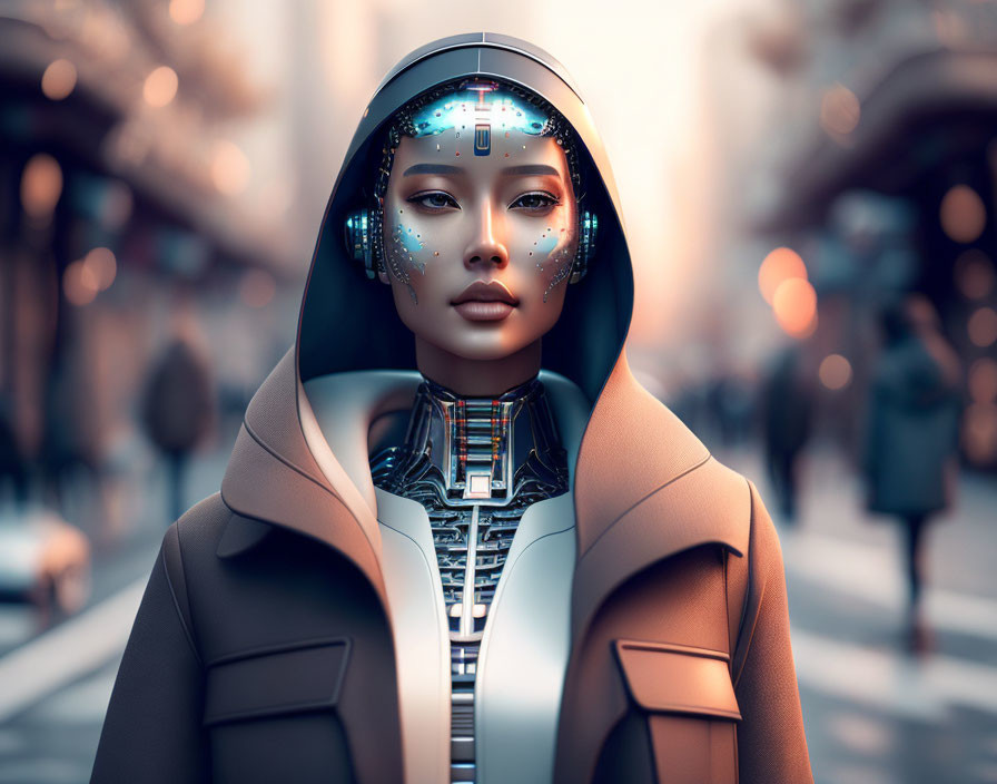 Female android with futuristic features and stylish coat in urban setting