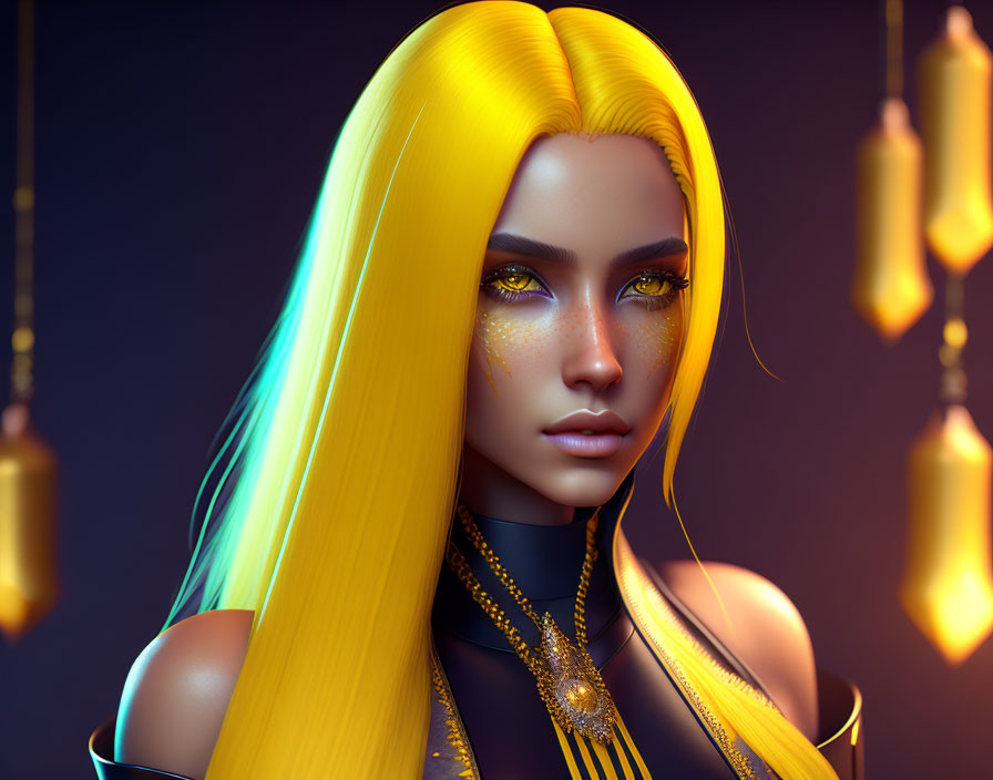 Vibrant 3D illustration: woman with long yellow hair, golden makeup, and intricate jewelry