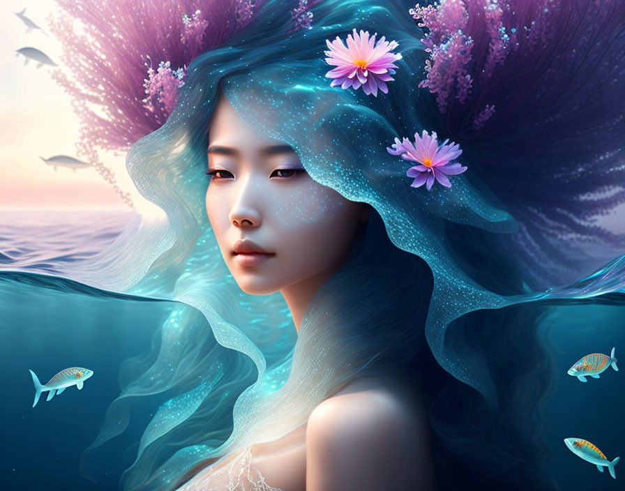 Fantasy portrait: Woman with blue hair and pink flowers merging with ocean, fish swimming by