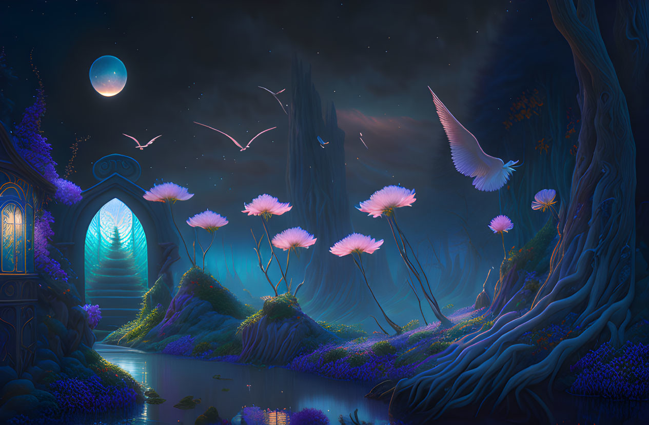 Mystical night scene featuring ornate door, glowing plants, reflective pond, birds, moonlit