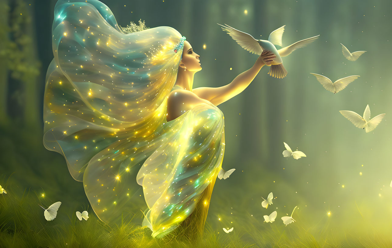 Glowing-winged fairy interacts with butterflies in mystical forest