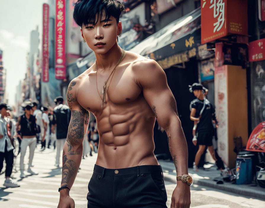 Muscular man with tattoos and blue hair walking shirtless in a busy street