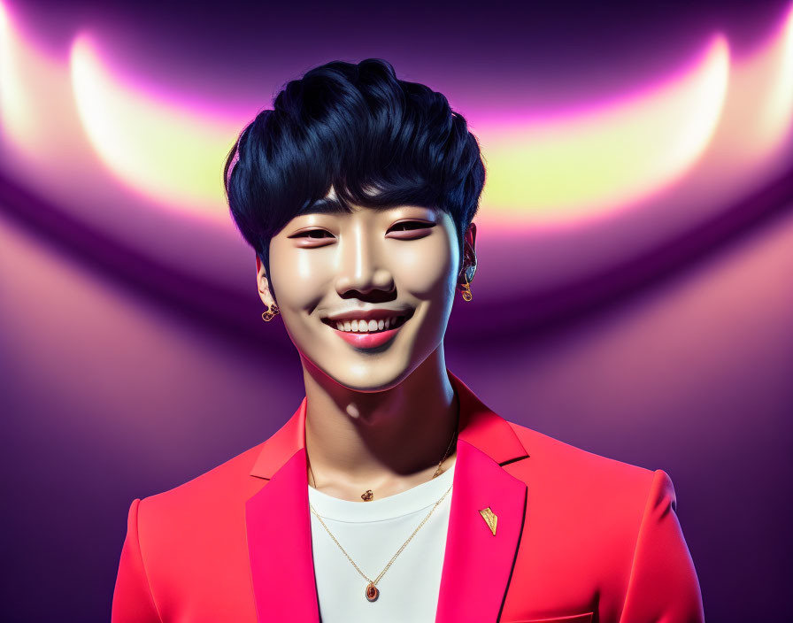 Smiling individual in red blazer on purple background