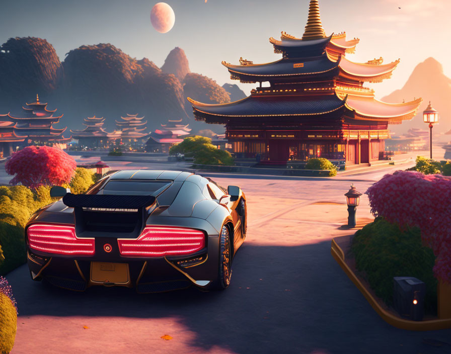 Luxury sports car with Asian architecture, mountains, and moon.