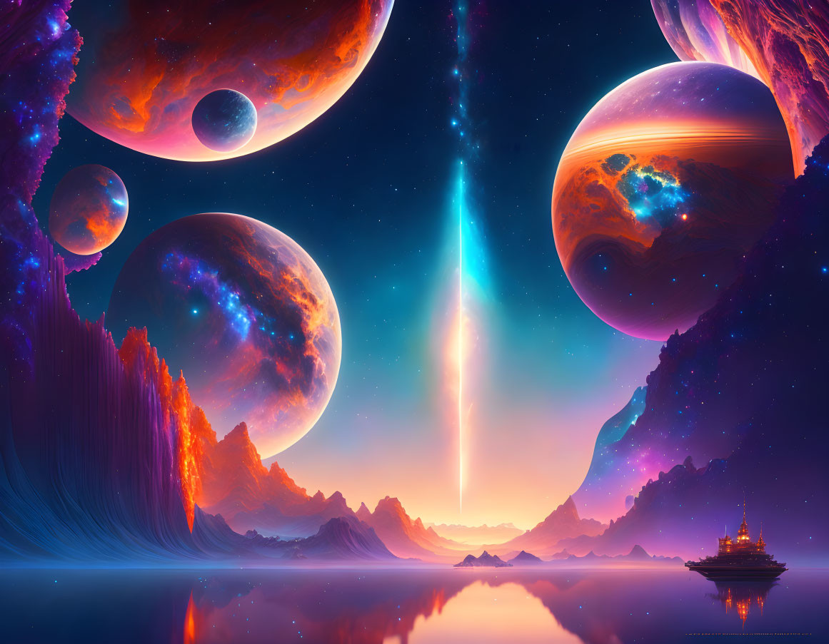 Fantasy landscape with multiple planets, glowing beam, mountains, reflective surface, and ship