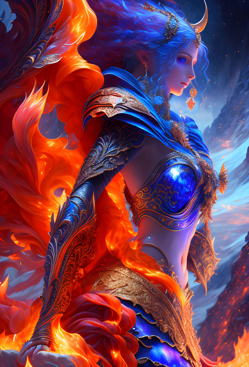 Blue-skinned female fantasy character in ornate armor with fiery hair on fiery background