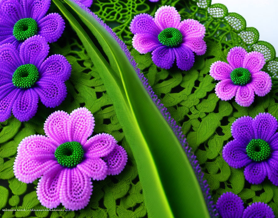 Colorful Crocheted Flowers in Purple and Green on Bright Green Background