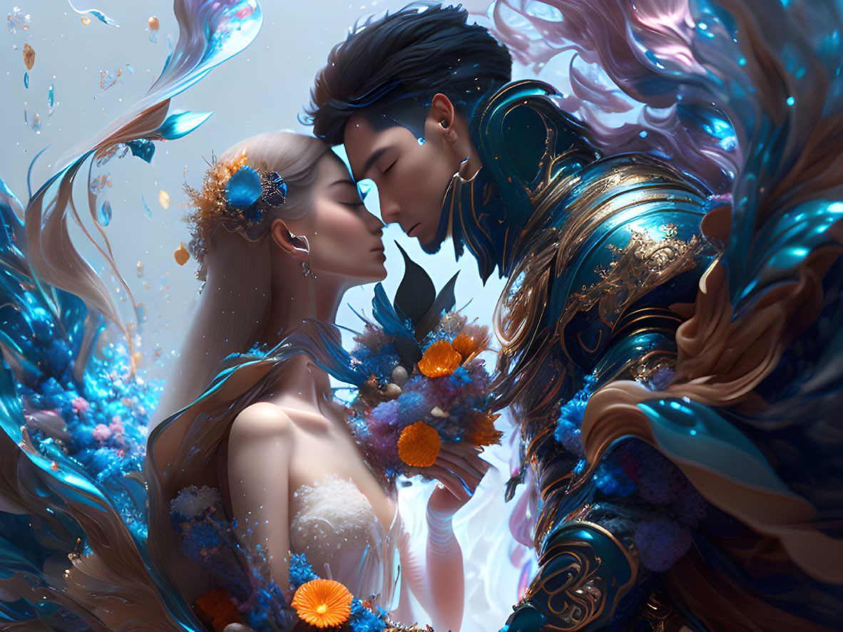 Stylized characters in romantic embrace with swirling blue and purple hues and floral elements