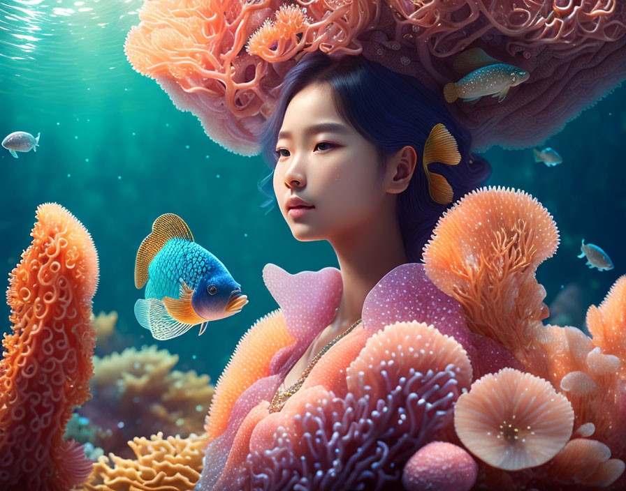 Woman Underwater Surrounded by Coral Reefs and Blue Fish