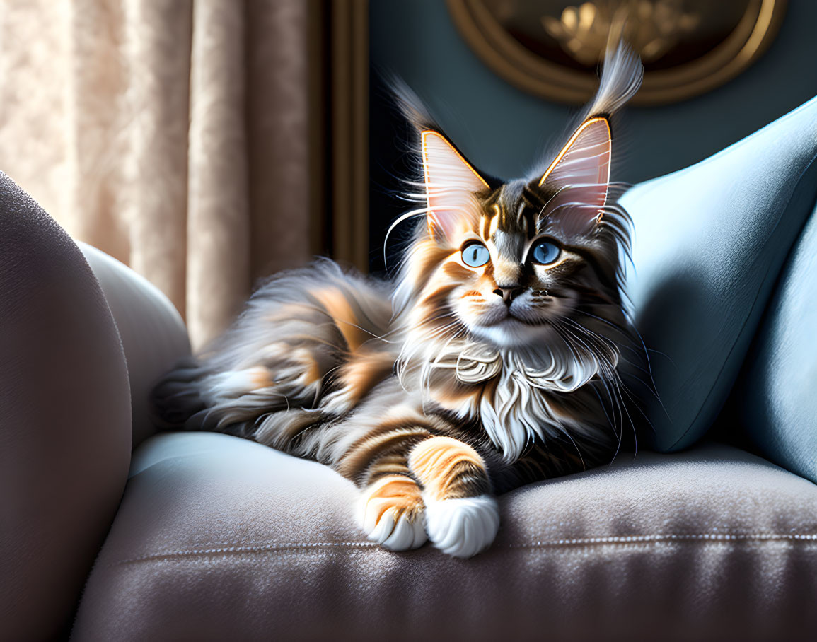Majestic Maine Coon Cat Relaxing on Grey Sofa by Sunlit Window