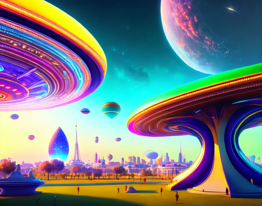 Futuristic cityscape with flying vehicles, giant tree-like structures, and large planet in the sky