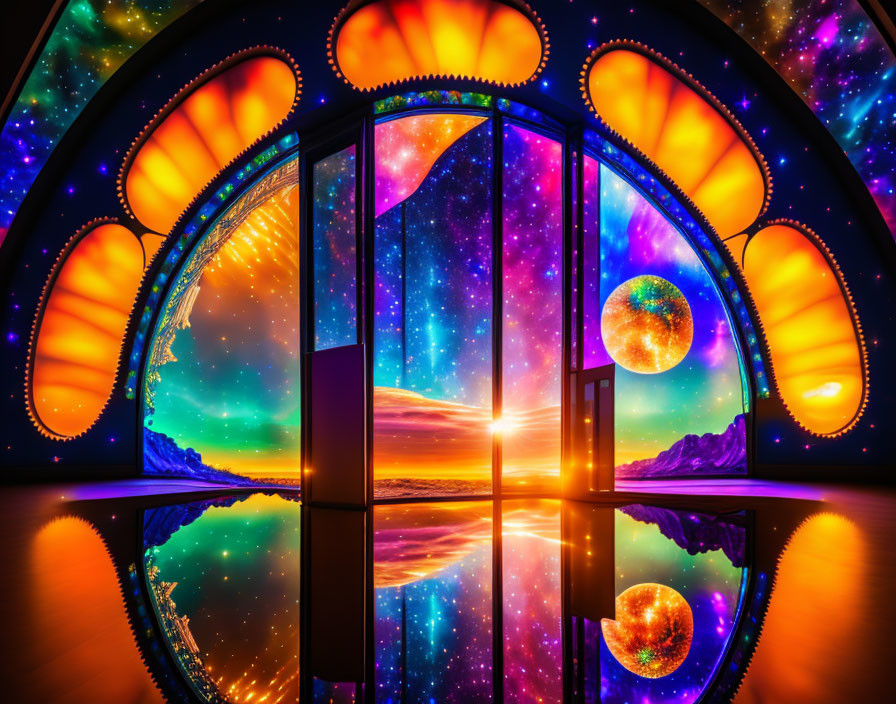 Colorful futuristic space vista with cosmos through ornate windows